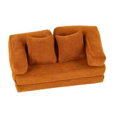 Imagem de Dynwave Sofá em miniatura para casa de bonecas na escala 1:12, mini poltrona-cama conversível decorativa com almofada para micro paisagem, modelo DIY, Marrom