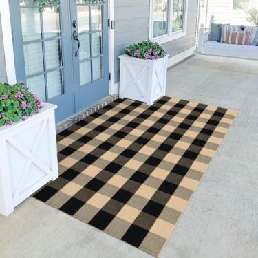 Imagem de KILOCOCO Tapete xadrez xadrez buffalo, 10 x 15 cm, marrom, preto, de algodão, lavável em camadas para sala de estar/quarto/cozinha/fazenda/entrada/porta da frente