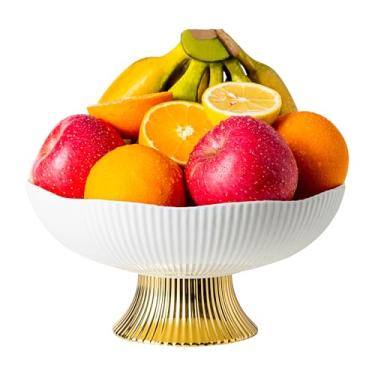 Imagem de Tigela de frutas de cerâmica, tigela de pedestal de 25 cm, bandeja de frutas decorada para balcão de cozinha e mesa de jantar, tigelas com pés para festas de chá da tarde, tigela de pão e salada com