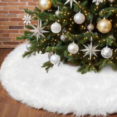 Imagem de Saia de árvore de Natal branca de 152 cm, decoração de árvore de Natal grande de pele sintética branca de neve para festa de inverno, Natal, decoração de casa