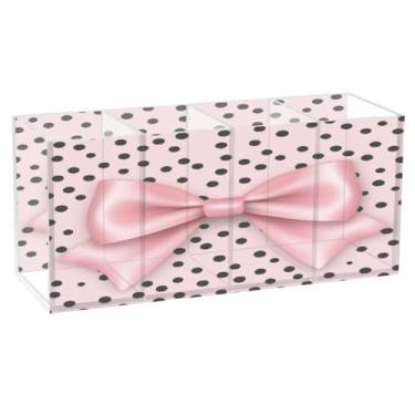 Imagem de Burbuja Suporte de caneta de acrílico com laço rosa com 4 compartimentos, suporte de lápis transparente para pincéis de maquiagem fixos, acessórios de mesa de escritório em casa