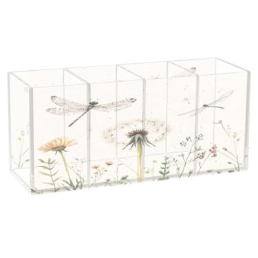 Imagem de Burbuja Suporte de caneta de acrílico retrô libélula dente-de-leão com 4 compartimentos, suporte de lápis transparente para pincel de maquiagem estacionário, acessórios de mesa de escritório em casa