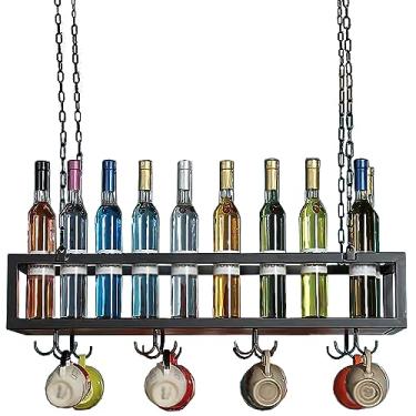 Imagem de Rack de vinho suspenso com suporte de vidro e prateleira, suporte de garrafa de vinho ajustável para pendurar, rack de vinho de montagem no teto industrial, para bar café cozinha (cor: preto, tamanho