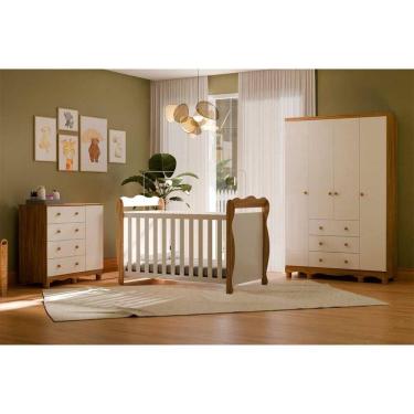 Imagem de Quarto de Bebê Completo 3 Peças (1GuardaRoupa+1Berço+1Cômoda) QI113 Branco/Amêndoa - Peroba