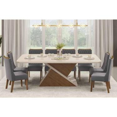 Imagem de Conjunto: Mesa Sala Jantar Zafira c/ Tampo Madeirado c/ Vidro 200x100cm e 8 Cadeiras Jade Freijo/Off White - Suede Lunar - DJ Móveis