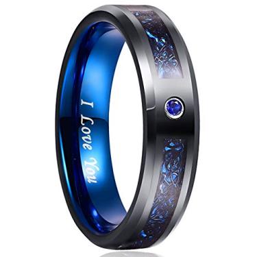 Imagem de NUNCAD Anel de carboneto de tungstênio de 6 mm/8 mm para homens e mulheres, dragão celta preto e aliança de casamento incrustada de fibra de carbono azul tamanho 7-17, Carboneto de tungstênio, Sem