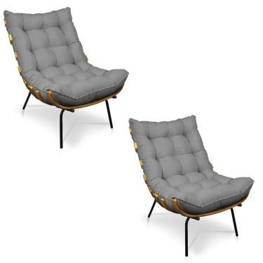 Imagem de Kit 02 Poltronas Costela Linho Base De Metal - D'Rossi A26 Grafite