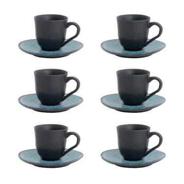 Imagem de Cj 6 Xícaras P/Café C/Pires de Cerâmica Stoneware Orgânico Geo Petroleum 120ml Porto Brasil
