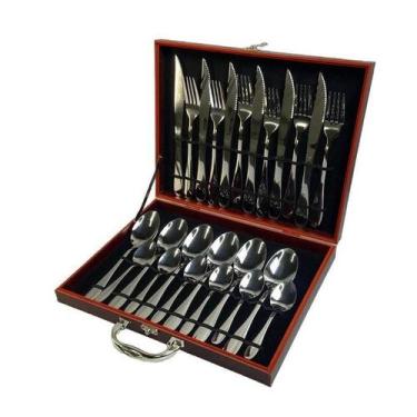 Imagem de Faqueiro 24 Peças Aço Inox Conjunto Talheres Maleta Marrom - CORTINOX