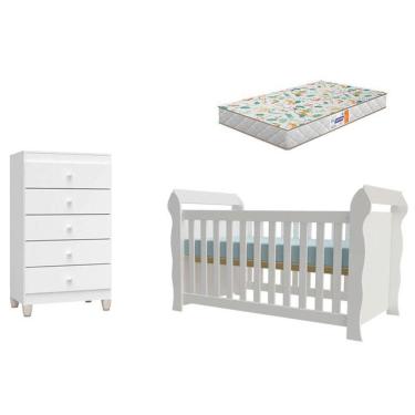 Imagem de Berço Americano Lara Com Colchão Gazin E Cômoda Gaveteiro Ternura Baby Branco Brilho - Incorplac