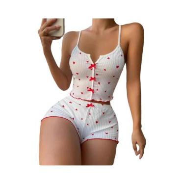 Imagem de Conjunto De Pijamas Femininos Com Estampa De Coração Em Tecido Macio C
