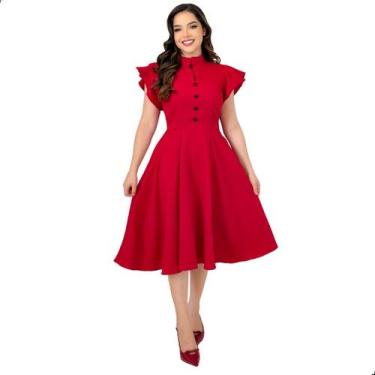 Imagem de Vestido Feminino Midi Godê Mangas Curta Gola Redonda Botões Funcionais