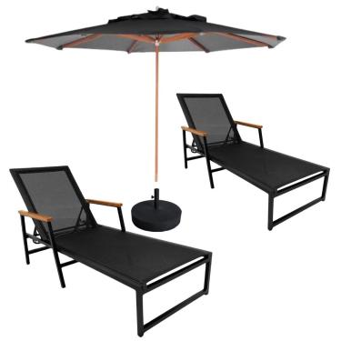 Imagem de Kit 2 Espreguiçadeiras Confortável Reclinável Piscina Jardim + Ombrelone Preto