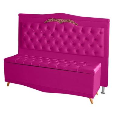 Imagem de Kit Cabeceira De Cama E Calçadeira Baú Barcelona Capitonê Casal 140 Cm Suede Rosa Pink Casa Móveis E Decoração