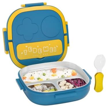 Imagem de Chusui Lancheira Infantil,Lancheira com Garfo 3 Compartimentos de Merendeira Japonesa Reutilizável Lancheira Recipientes Bento de Aço Inoxidável à Prova de Fugas