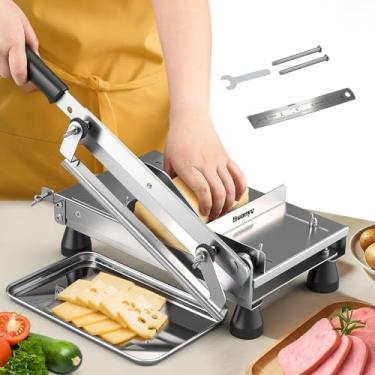 Imagem de Huanyu Cortador de manteiga multiuso com bandeja de aço inoxidável, máquina de fatiar alimentos, espessura ajustável, sem esforço para bloco de manteiga, queijo, salsichas, pão, legumes