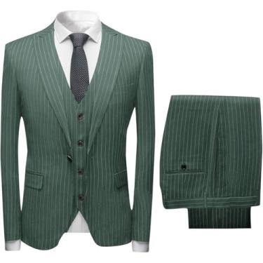 Imagem de Risca De Giz Masculina 3 Peças Terno Slim Fit único Breasted Negócios Festa De Casamento Jaqueta Colete Calças, Green, 42