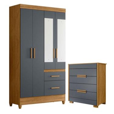 Imagem de Guarda Roupa Solteiro Madri com espelho e Cômoda Dhara Freijó Cinza – Moval
