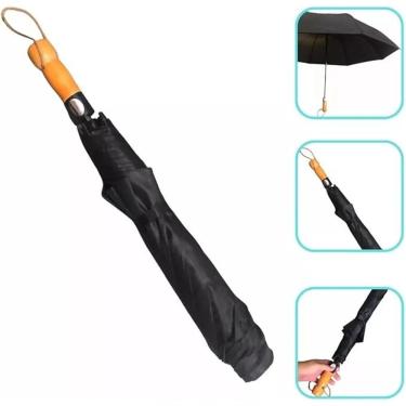 Imagem de Guarda-chuva Automático Grande Reforçado com Cabo de Madeira em Tecido de Alta Qualidade Preto Adulto