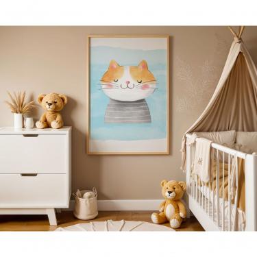 Imagem de Quadro Infantil Decorativo Sonho do Gato Retangular 20 X 30 em Vinil com Moldura de Mad...