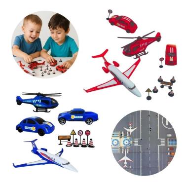 Imagem de Kit Missão Resgate Carrinho Helicóptero Avião de Brinquedo com Veículos de Salvamento e Emergência Vermelho Bs Toys