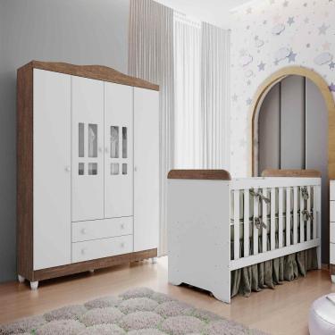 Imagem de Quarto Bebê Berço Americano 3 em 1 Gabrielle Guarda Roupa Infantil Ariel 4 Portas 100% MDF Branco Bétula Carolina Baby