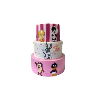 Imagem de Bolo Fake Baby Looney Tunes Rosa 3 andares - Catavento