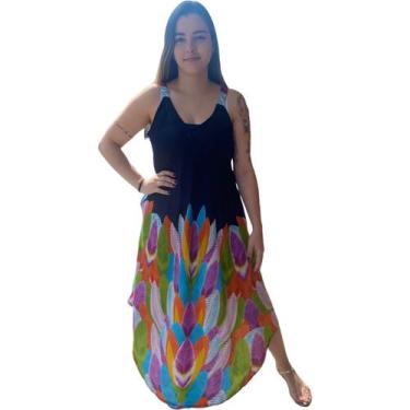 Imagem de Vestido Trapézio Indiano Moda Praia Tamanho Único Folhas Colorido 26 -