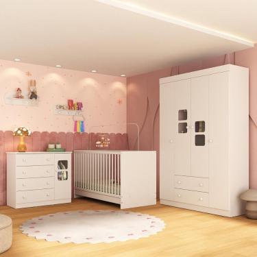 Imagem de Conjunto de Quarto de Bebê com Berço 3 em 1 Brisa MP4517 5 Portas 6 Gavetas MDF-MDP 122cm Branco Multimóveis