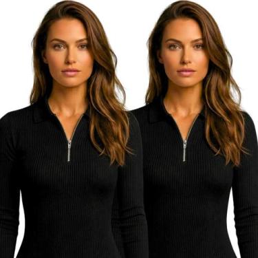 Imagem de Kit 2 Blusas Polo Feminina Canelada Manga Longa com Zíper Slim Fit Cas