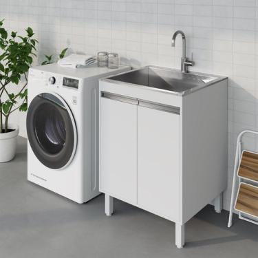 Imagem de Tanque de Lavanderia Inox 46L com Gabinete MDF 61cm Branco Fosco, com 