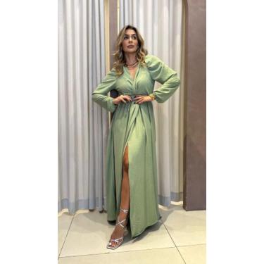 Imagem de Vestido Feminino Longo verde oliva, com detalhe de abertura - London
