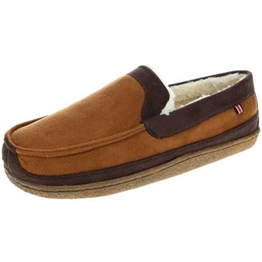 Imagem de IZOD Pantufa masculina clássica de dois tons de mocassin, chinelos quentes de inverno com espuma de memória, tamanho 8 a 13, Marrom, 8-9