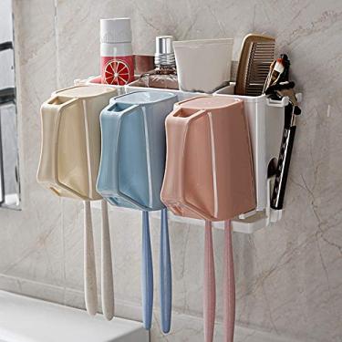 Imagem de Suporte de escova de dentes adesivo montado na parede com grande capacidade, suporte de escova de dentes com copos para banheiro, suporte para pendurar lâmina de escova de dentes, suporte organizador de escova de dentes