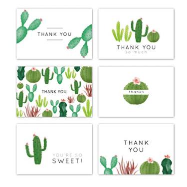 Imagem de Gooji Cartões de agradecimento de cacto 4x6 (embalagem com 36) combinando envelopes brancos descascados e selados | conjunto sortido, aquarela, ouro sintético, gráficos coloridos | festa de aniversário, chá de bebê, casamentos