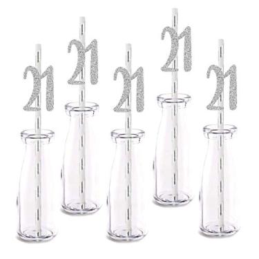 Imagem de Canudos decorativos prateados para decoração de 21 anos, 24 peças com glitter, números recortados 21 para festas, bebidas, suprimentos