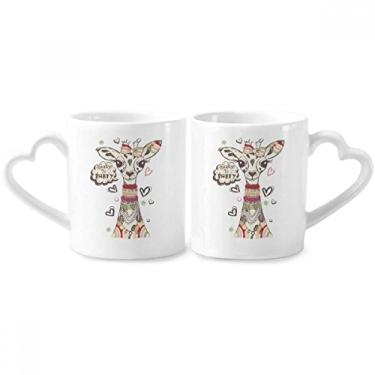 Imagem de Conjunto de canecas de porcelana para casais, de desenho animado, girafa, com coração