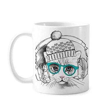 Imagem de Fone de ouvido chapéu de lã branco proteção de gato caneca cerâmica café porcelana copo talheres