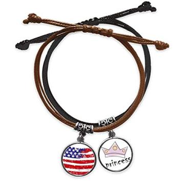 Imagem de DIYthinker Pulseira de couro com corrente de mão com bandeira dos Estados Unidos Bend Stars and Stripes