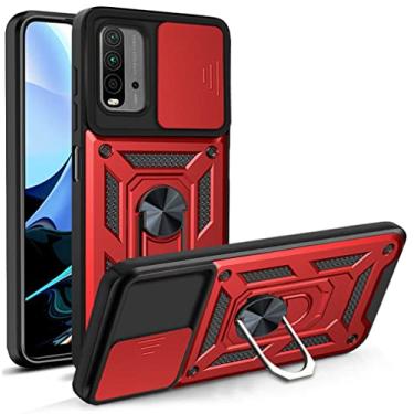Imagem de YSNZAQ Capa de proteção resistente à prova de choque camuflagem de nível militar com suporte magnético e janela deslizante para celular Xiaomi Redmi 9T /Xiaomi Poco M3/Xiaomi Redmi Note 9 4G SJ Vermelho