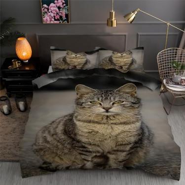 Imagem de Jogo de cama com 3 peças de capa de edredom de animais e gatos de microfibra macia texturizada 172,7 x 228,6 cm e 2 fronhas, com fecho de zíper e laços