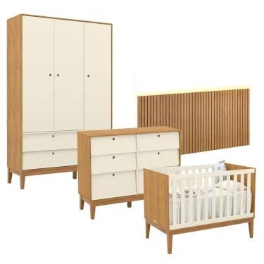 Imagem de Quarto de Bebê Unique 3 Portas com Cômoda 6 Gavetas e Painel Ripado com Led Freijó Off White Eco Wood - Matic