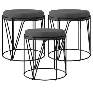 Imagem de Kit 03 Puffs Decorativo Aramado Preto Zaya L02 Suede Cinza - Lyam Deco