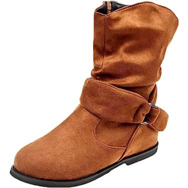 Imagem de Botas de cano curto para mulheres femininas bico redondo fivela tira fivela botas com zíper lateral camurça plana salto baixo botas, Marrom, 38 BR