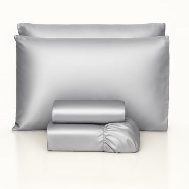Imagem de Jogo de lençol cetim completo 4 peças toque macio acetinado alto brilho casal queen king (King, Prata)