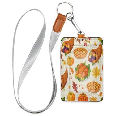 Imagem de Wassud Porta-crachá de couro PU de peru assado de ação de graças com cordão, porta-cartão de identificação para trabalho, cordão de pescoço com compartimentos para cartões de crédito, funcionários
