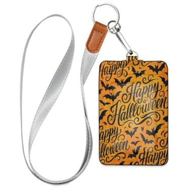 Imagem de Wassud Elegante porta-crachá de couro PU Happy Halloween com cordão, porta-cartão de identificação para trabalho, cordão de pescoço com compartimentos para cartões de crédito, funcionários, estudantes