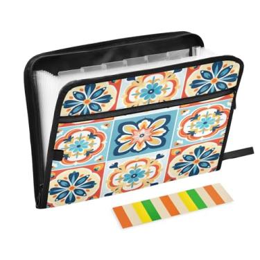 Imagem de Wassud Azulejo geométrico de flores (2) 13 bolsos organizador de arquivos sanfonado pastas de arquivo expansíveis com abas e adesivos, tamanho carta A4 papel recibo documento pasta organizador para