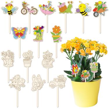 Imagem de DoubleFill 15 peças de estacas de madeira para plantas de primavera, artesanato, pinte seus próprios bastões de primavera para plantas, kits de artesanato faça você mesmo, recortes de madeira