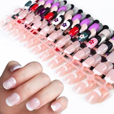 Imagem de 10 unidades de unhas curtas de pressão, pré-design de cores mistas, unhas postiças brilhantes, preto, rosa, nude, francês, unhas de beleza, presentes diários para mulheres e meninas com abas adesivas